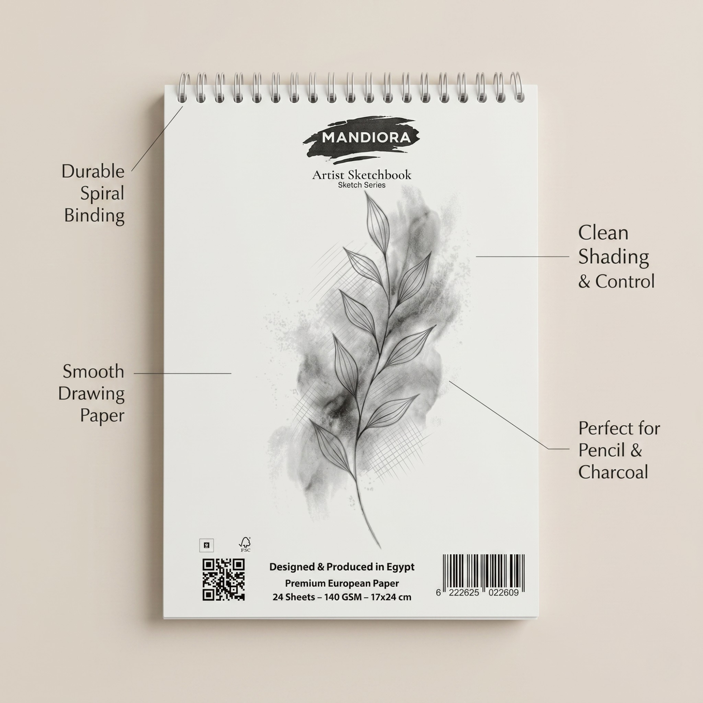 Mandiora دفتر اسكتش 17 × 24 سم – طولى– 140 جرام (للرسم)