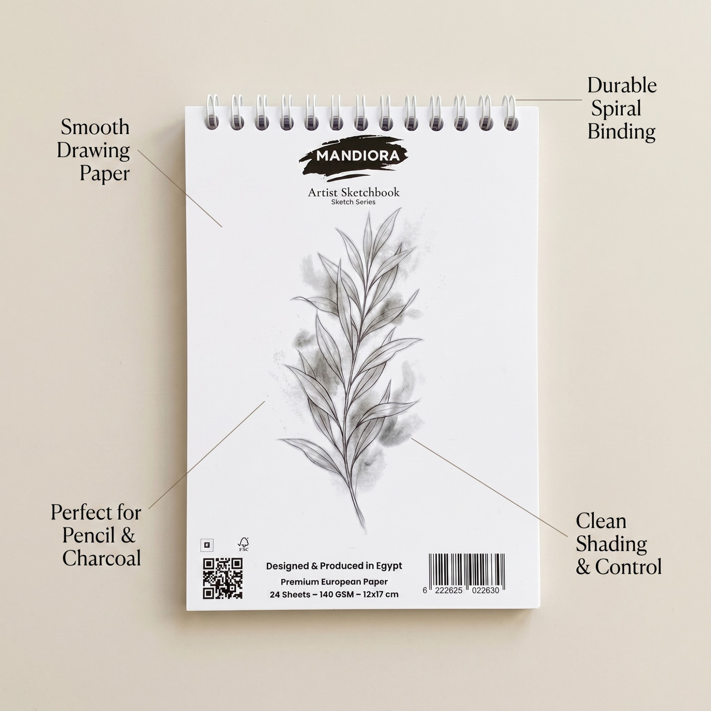 Mandiora دفتر اسكتش 12× 17 سم – طولى – 140 جرام (للرسم)