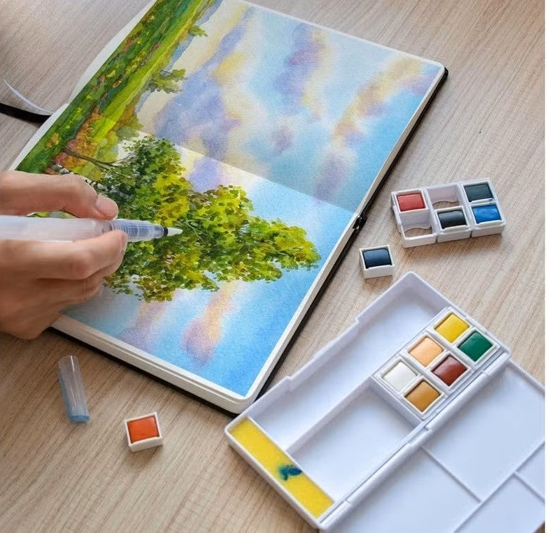 Superior طقم ألوان مائية صلبة 12 لون مع فرشة مائية | ألوان زاهية للرسم